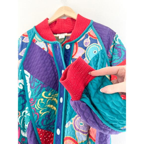 1980s Vintage Jacket 80s Patchwork Colorful Colorblock Jacket Maximalist Cotton - Picture 4 of 5